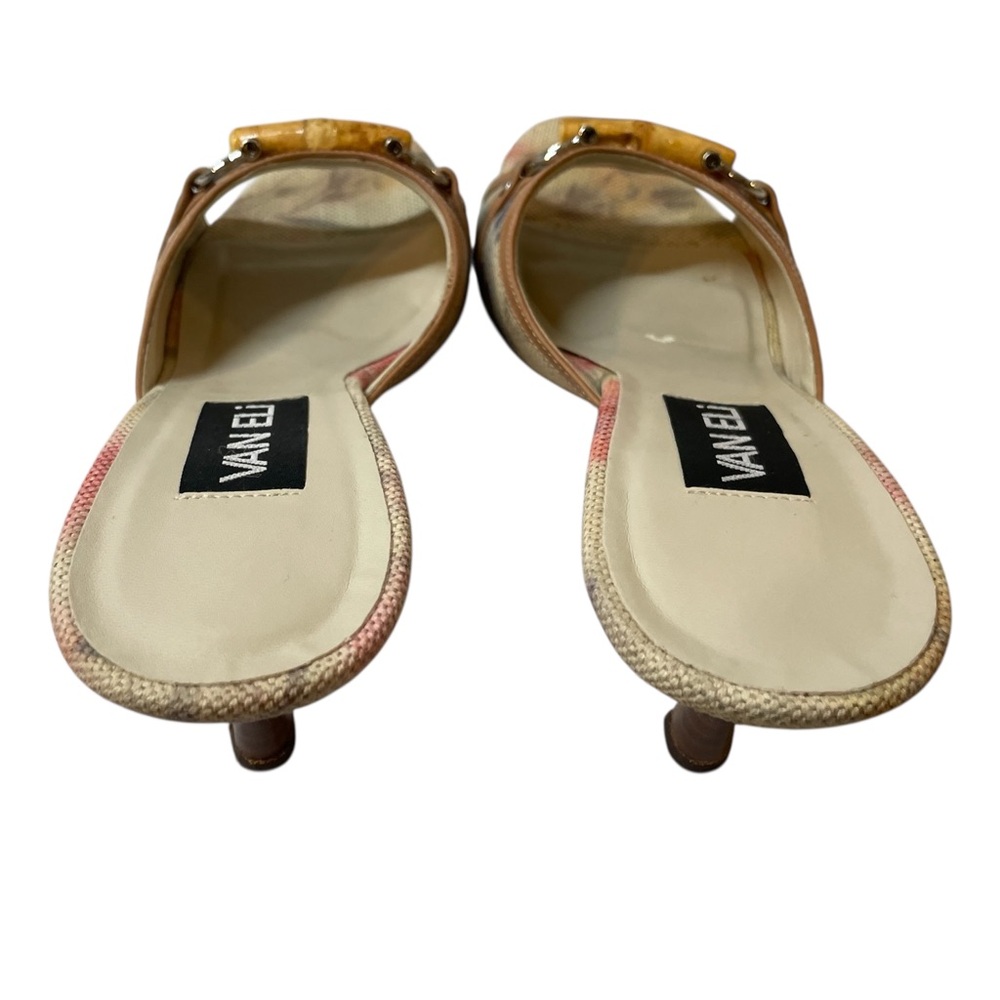 VANELI Tan/Beige Floral Canvas/Leather Slides Mules Heels Shoes - Size 8.5 Slim - Picture 9 of 16